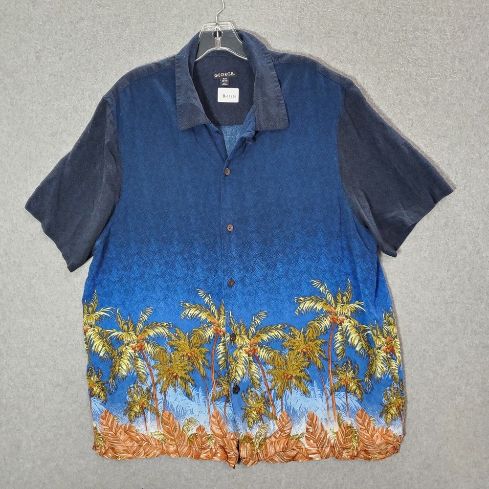 George Men Button Up Shirt XL Blue Ombre Palm Trees Hawaiian Rayon